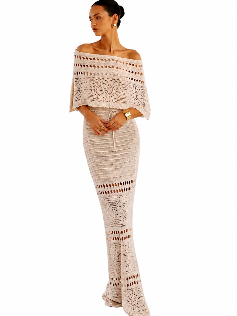 Commence Crochet Off-Shoulder Maxi Dress in Light Beige with detached Shaw